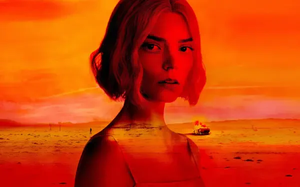Lucky - 4K Ultra HD PC desktop wallpaper: red-orange double exposure of a woman's portrait over a vast sunlit shore with a lone boat and distant figure.