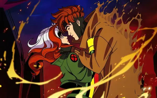 X-Men '97 4K Ultra HD PC desktop wallpaper: Rogue and Gambit embrace, her green jacket with X, his brown trench coat, surrounded by swirling kinetic energy and fiery streaks.