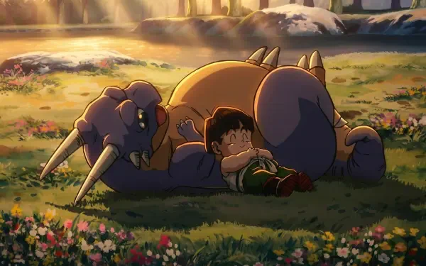 Dragon Ball Z anime HD PC desktop wallpaper/background: Gohan (Dragon Ball) naps curled against a small purple dinosaur-like companion in a sunlit, flower-strewn meadow.