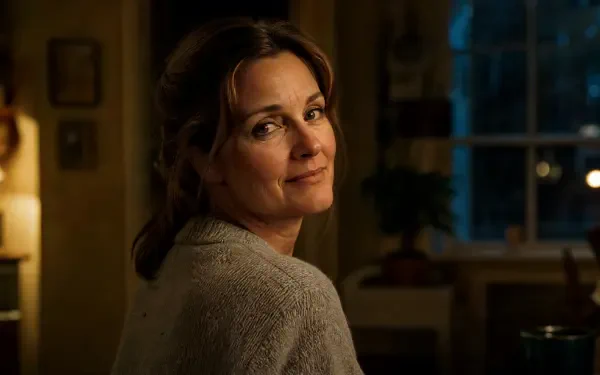 4K Ultra HD PC desktop wallpaper: warm-lit portrait of a smiling mom glancing back in a cozy home interior at dusk.