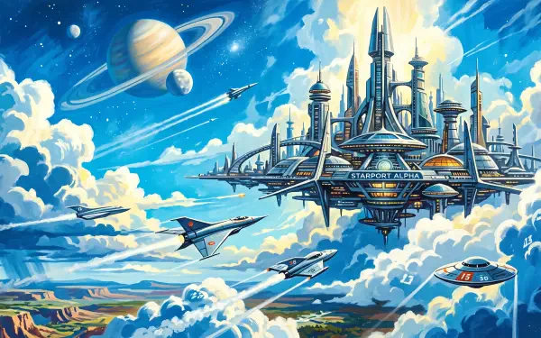 5K Ultra HD PC desktop wallpaper of a vibrant sci‑fi floating city above clouds, ringed planet overhead, sleek spacecraft streaking past and distant rocky landscapes.
