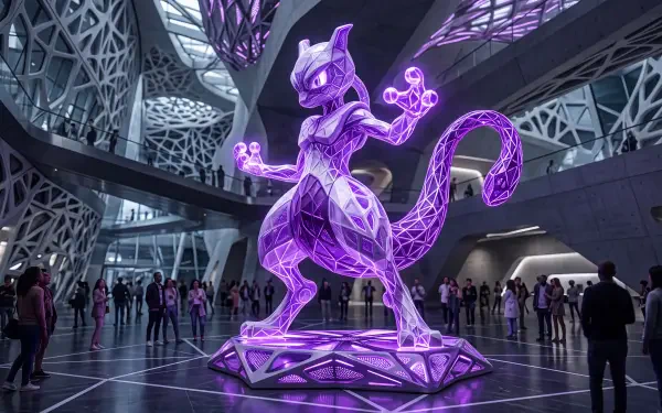 Glowing purple crystalline Mewtwo (Pokémon) sculpture in a futuristic atrium, surrounded by silhouetted visitors — 5K Ultra HD PC desktop wallpaper and background.