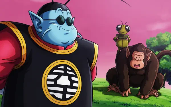 HD PC desktop wallpaper from Dragon Ball Z: Kaio (Dragon Ball) in sunglasses stands on grass with his insect and monkey companions beneath a pink sky — anime background.