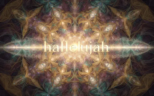 Centered hallelujah glowing over a golden-green kaleidoscopic fractal mandala; 4K Ultra HD PC desktop wallpaper and background.