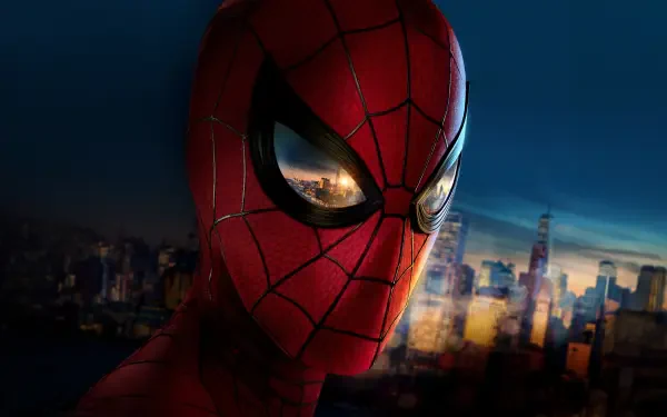 Close-up of Spider-Man's mask with reflective eyes over a glowing city skyline at dusk — Spider-Man: Brand New Day 4K Ultra HD PC desktop wallpaper/background.
