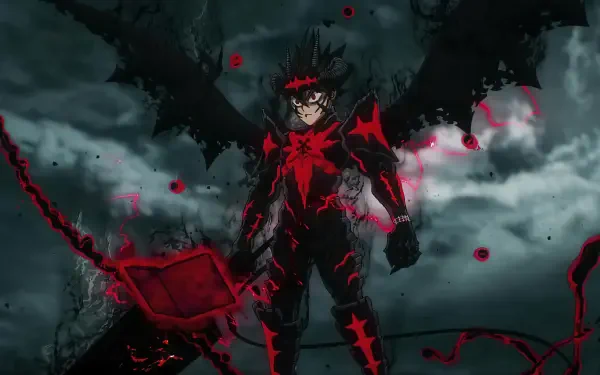 Black Clover 4K Ultra HD PC desktop wallpaper and background: Asta in demonic black form, red glowing markings and winged shadow, wielding a chained sword against stormy clouds.