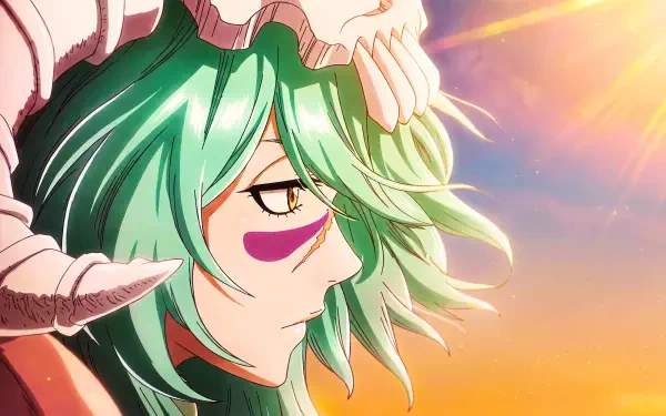Nelliel Tu Odelschwanck from Bleach: Thousand-Year Blood War — anime girl waifu with green hair, skull helmet horn and golden eye, bathed in sunset light; 5K Ultra HD PC desktop wallpaper/background.