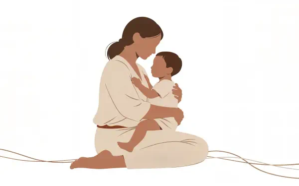 4K Ultra HD PC desktop wallpaper: warm minimalist illustration of a mother kneeling and embracing her child on a clean white background.