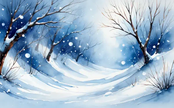 Blizzard-themed 5K Ultra HD PC desktop wallpaper and background: snowy windblown landscape with bare trees, drifting snow dunes, and soft blue-white light.