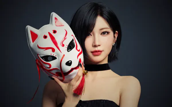 Japanese model in K-pop idol style holding a red-and-white kitsune (fox) mask against a dark backdrop — 5K Ultra HD BABYMONSTER-themed desktop wallpaper