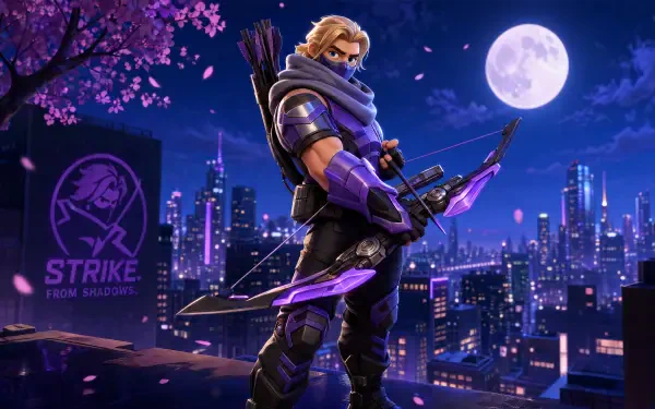 Marvel Rivals 4K Ultra HD PC desktop wallpaper: purple-clad archer with glowing bow on a rooftop under a full moon, neon city skyline and cherry blossoms.