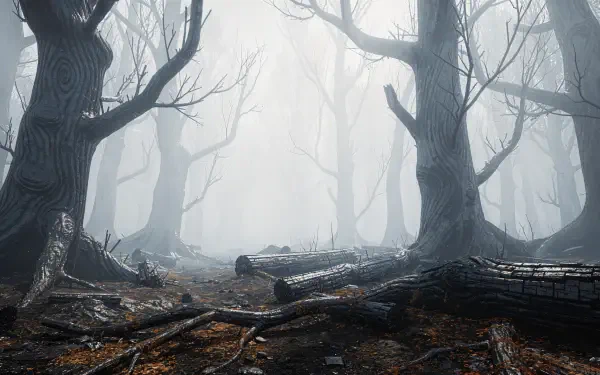 Misty Forest — 4K Ultra HD PC desktop wallpaper and background: fog-shrouded, leafless trees and fallen logs on a damp forest floor, pale light filtering through dense mist.