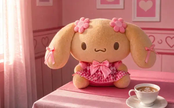 Lovelymocha 4K Ultra HD PC desktop wallpaper: plush pink bunny with flowered ears and bow dress on a pink table in a heart-decorated room beside a cup of coffee.