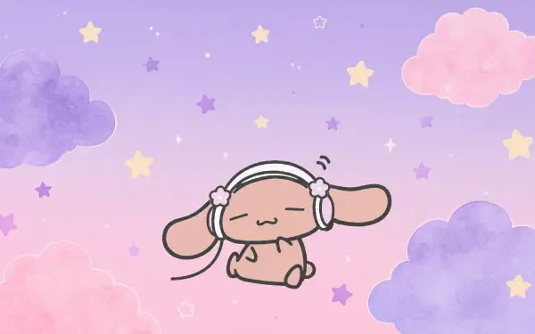 Lovelymocha 4K Ultra HD PC desktop wallpaper: pastel pink–purple sky with fluffy clouds and stars, a cute headphone-wearing bunny floating peacefully in a dreamy background.