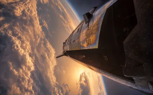 Starship (SpaceX) ascending above sunlit clouds at sunrise, dramatic angled view — 4K Ultra HD PC desktop wallpaper/background.
