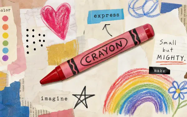 4K Ultra HD PC desktop wallpaper and background: red crayon on a mixed-media collage with rainbow, heart, star and handwritten words express, imagine, small but mighty.