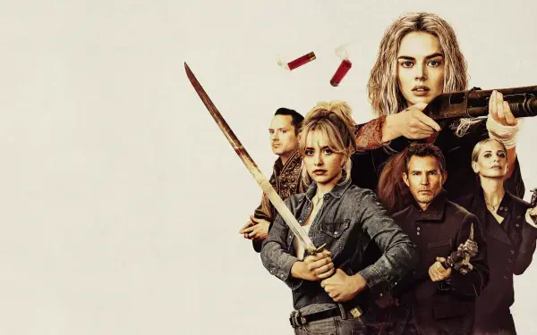 Ready or Not 2 4K Ultra HD PC desktop wallpaper: five tense, armed figures—one with a shotgun, one brandishing a sword—posed against a pale background with flying shotgun shells.