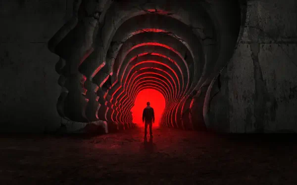 Criminal Minds 4K Ultra HD PC desktop wallpaper and background: lone silhouette faces a glowing red portal in a cavernous tunnel formed by repeated carved human profiles.