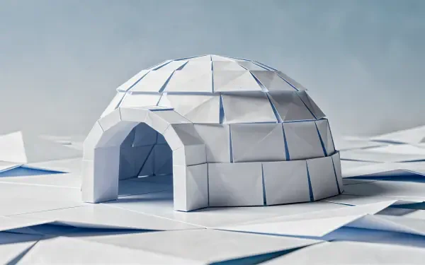 White igloo on a folded-paper geometric snowfield, crisp 4K Ultra HD PC desktop wallpaper and background.
