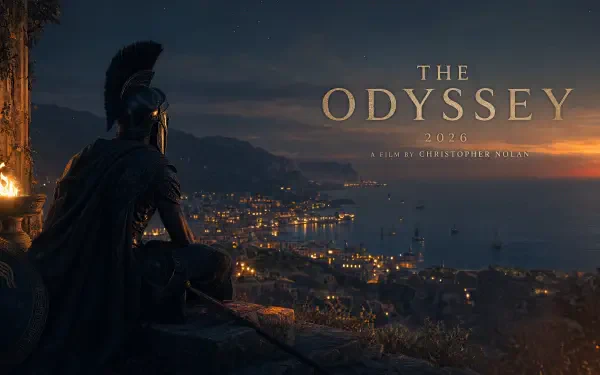 The Odyssey (2026) 4K Ultra HD PC desktop wallpaper: a helmeted warrior sits on a cliff at dusk overlooking a glowing coastal city and harbor under a moody sky.