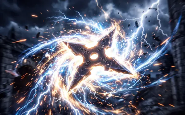 5K Ultra HD PC desktop wallpaper and background of a glowing shuriken spinning amid electric blue lightning and flying sparks between stormy stone towers.