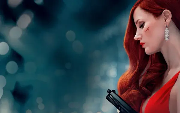 Ava: 4K Ultra HD PC desktop wallpaper/background of a red-haired woman in a red dress holding a pistol, set against a soft blue bokeh backdrop.