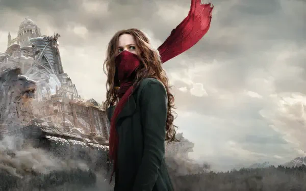 Mortal Engines 4K Ultra HD PC desktop wallpaper/background: masked woman with windswept red scarf stands before a colossal mobile city under stormy skies.