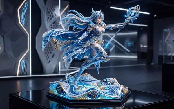 5K Ultra HD PC desktop wallpaper background of an anime figure: blue-haired armored mage with a glowing staff, poised on an ornate illuminated base in a sleek futuristic display room.