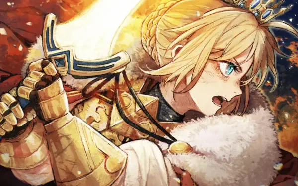 HD PC desktop wallpaper: Anime Artoria Pendragon in golden armor and crown, fierce battle-ready expression under dramatic fiery lighting.