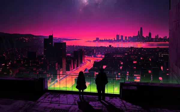5K Ultra HD PC wallpaper: neon-art Midnight City skyline under a pink-purple night sky, silhouetted figures on a rooftop overlooking glowing streets and distant towers.
