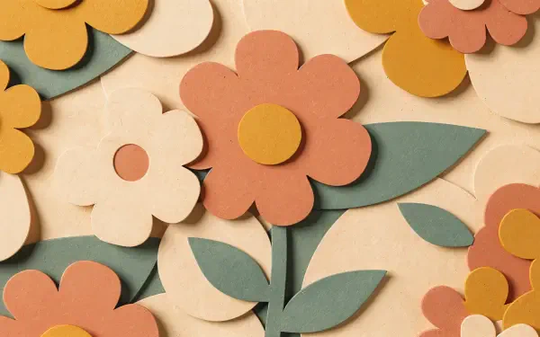 Retro floral 4K Ultra HD PC desktop wallpaper: layered paper-cut flowers and leaves in muted peach, mustard, cream and teal on a warm beige background.