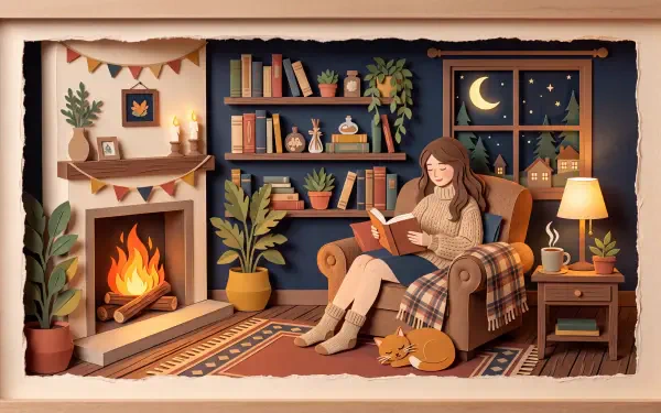 Cozy aesthetic 5K Ultra HD PC desktop wallpaper and background: a woman reads on a plaid armchair by a crackling fireplace, bookshelves, potted plants, a cat on the rug and a moonlit window.