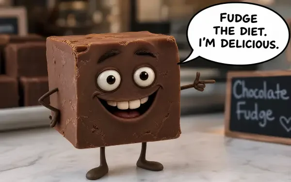 Smiling cartoon fudge square with arms and legs, speech bubble: Fudge the diet. I'm delicious. Chalkboard reads Chocolate Fudge. 4K Ultra HD PC desktop wallpaper/background.