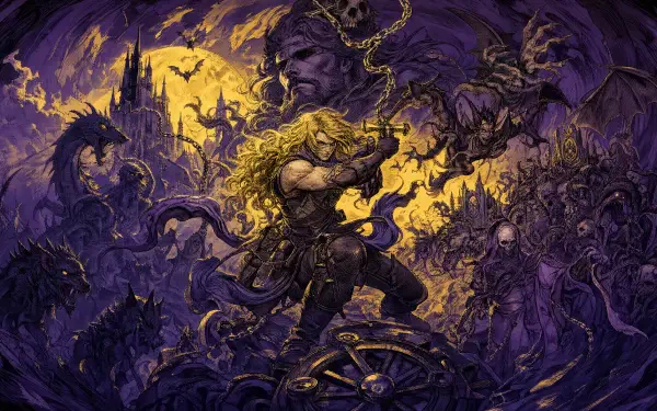 Castlevania Belmont's Curse 4K Ultra HD PC desktop wallpaper — Belmont swings a whip against a horde of bats and undead under a purple-gold gothic sky with a looming castle.