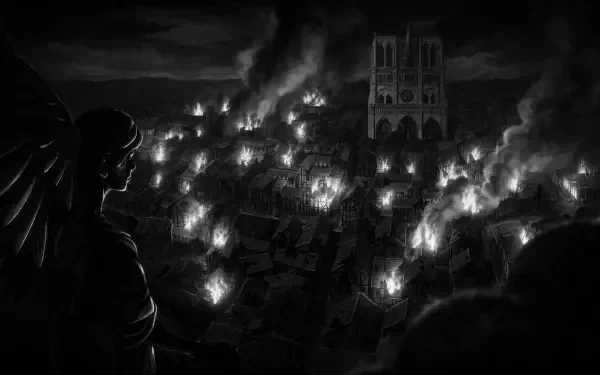 Castlevania — Belmont's Curse 4K Ultra HD PC desktop wallpaper: video game night scene of a town engulfed in fire beneath a looming castle, silhouetted gargoyle in the foreground.