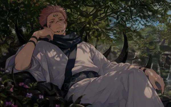 Sukuna (Jujutsu Kaisen) reclines in a sun-dappled forest in a kimono, smirking with cursed markings — high-detail 4K Ultra HD PC desktop wallpaper background.