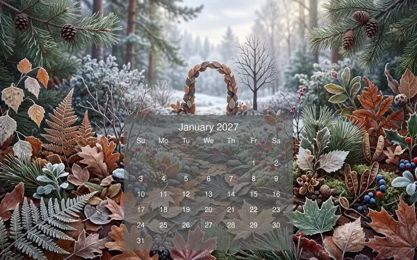 Winter forest scene with frost-covered leaves and woven basket foreground; January 2027 calendar overlay; 5K Ultra HD PC desktop wallpaper/background.