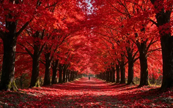 4K Ultra HD PC desktop wallpaper: crimson autumn trees forming a tunnel over a leaf-strewn forest path.