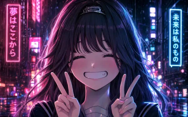 4K Ultra HD wallpaper: Kaoruko Waguri (The Fragrant Flower Blooms With Dignity) anime girl smiling and flashing double peace signs against a glowing neon city backdrop.