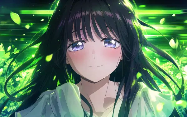 Anime portrait of Kaoruko Waguri from The Fragrant Flower Blooms With Dignity: dark-haired girl with glowing violet eyes amid green petals — 4K Ultra HD PC desktop wallpaper.