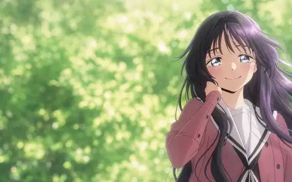 Anime portrait of Kaoruko Waguri smiling with flowing dark hair against sunlit bokeh greenery; The Fragrant Flower Blooms With Dignity — 4K Ultra HD PC desktop wallpaper.