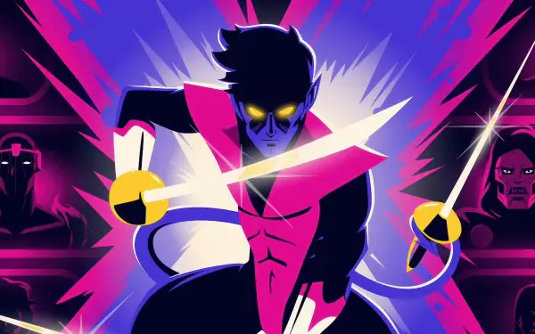 X-Men '97 4K Ultra HD PC Desktop Wallpaper and Background — stylized mutant with glowing yellow eyes and neon pink energy blades, lunging forward against a purple burst.