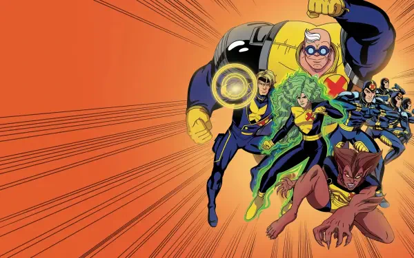 X-Men '97 4K Ultra HD PC desktop wallpaper and background showing the animated X‑Men team charging forward against an orange speed-line backdrop.