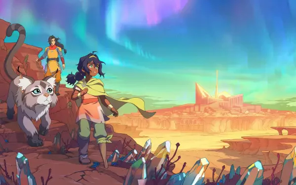 Avatar: Seven Havens 4K Ultra HD PC wallpaper/background — three adventurers and a wolf-like companion overlook a crystal-studded canyon and distant glowing city beneath aurora skies.
