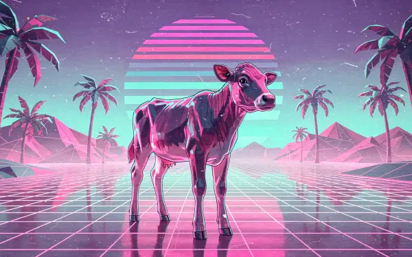 Retro neon calf/cow in a synthwave landscape: reflective grid, palm trees and striped sun in pink and teal — stylized 4K Ultra HD PC desktop wallpaper and background.