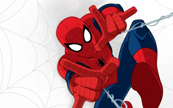 Ultimate Spider-Man (TV show) in a dynamic 4K Ultra HD PC desktop wallpaper, web-slinging toward the viewer against a pale webbed background.