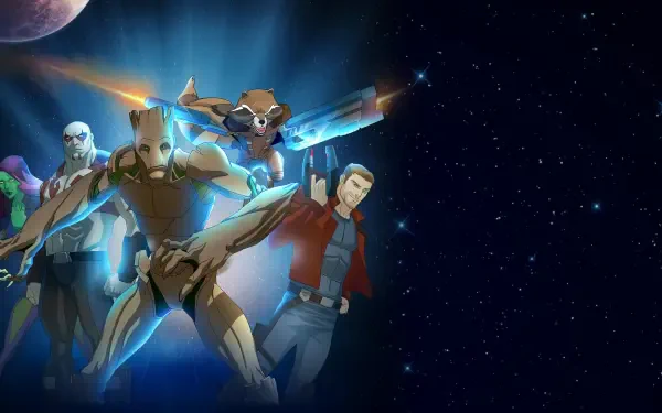 Marvel's Guardians of the Galaxy 4K Ultra HD PC desktop wallpaper and background featuring Star-Lord, Groot, Gamora, Rocket and Drax posed against a starry space backdrop.