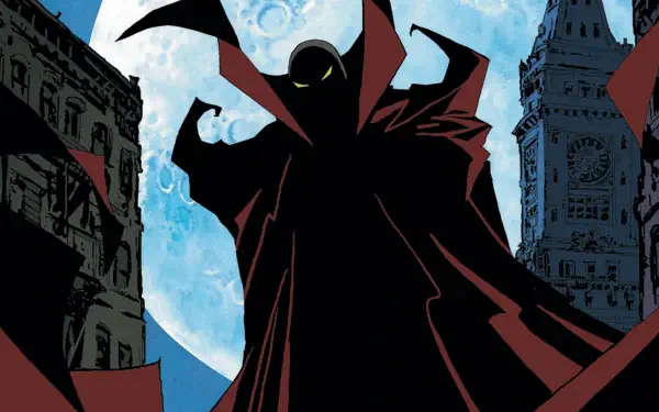 Spawn (TV Show) 4K Ultra HD PC wallpaper: shadowed Spawn with glowing eyes and flowing red cape silhouetted against a full moon and Gothic city skyline.