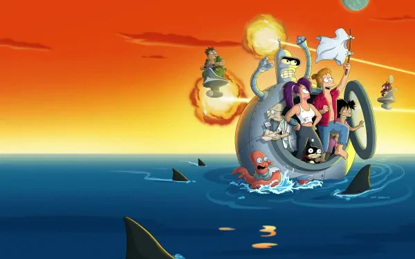 Futurama 4K Ultra HD PC wallpaper/background: Planet Express crew in their ship skimming the ocean at sunset, sharks circling beneath a vivid orange sky.