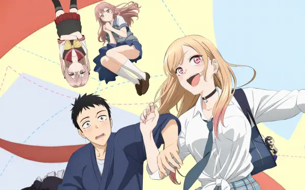 My Dress-Up Darling anime 4K Ultra HD PC desktop wallpaper: three characters — a smiling blonde girl, a surprised young man, and a small girl — playfully posing beneath a colorful parasol.
